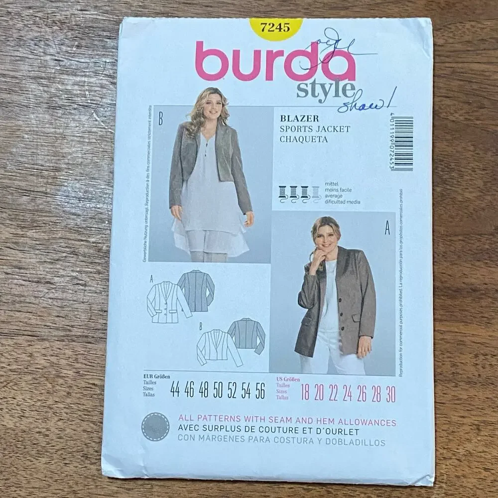 Burda sewing pattern #7245 blazer jacket short or long UNCUT Plus Size US 18-30